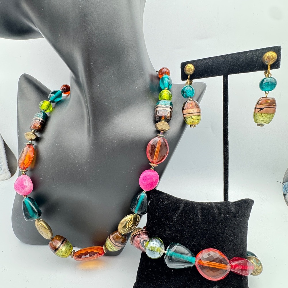 VTG Art Glass Necklace Bracelet Earrings‎ Set Gold Tone Fun Colorful Handcrafted